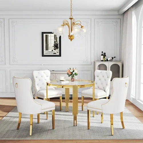 Vista 28 de Juego de mesa de comedor de cristal de 5 piezas para 4, mesa de cocina cuadrada de 37 pulgadas con 4 sillas tapizadas de terciopelo negro, mesa