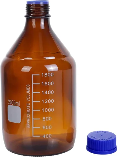 Vista 2 de Botellas ámbar de almacenamiento de medios de laboratorio, recipiente de vidrio graduado marrón GL45, tapa de rosca a prueba de fugas, multiusos Azul