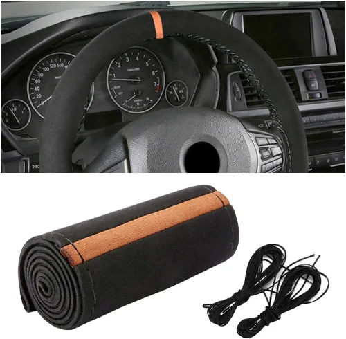 Vista 6 de Funda para volante de automóvil, protector envolvente completo de gamuza suave para volante con costura, con aguja e hilo, agarre cómodo, accesorios