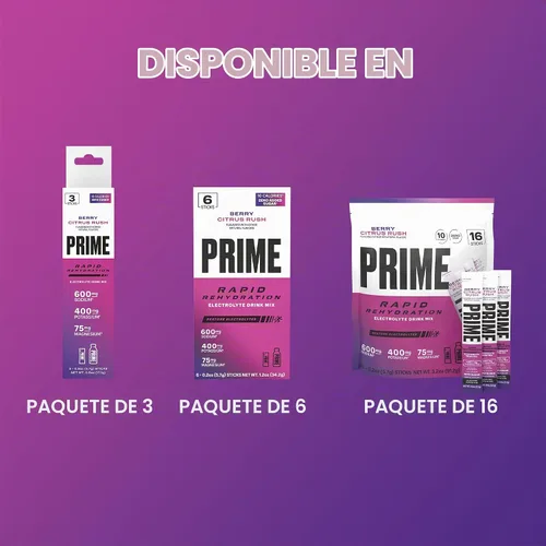 Vista 9 de Barras de Polvo de Electrolitos para Rehidratación Rápida Prime, Sabor a Bayas y Cítricos, Mezcla de Bebida Hidratante Sin Azúcar con Sodio, Potasio