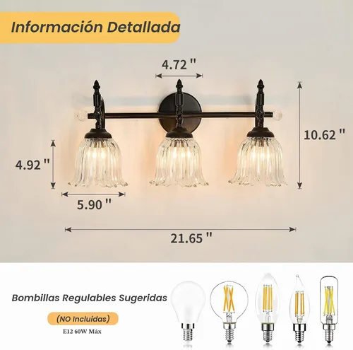 Vista 3 de CVKASH Accesorios de Lámpara de Tocador de Baño de 3 Luces Sobre Espejo, Lámpara de Tocador Moderna Negra con Pantalla de Vidrio, Aplique de Pared