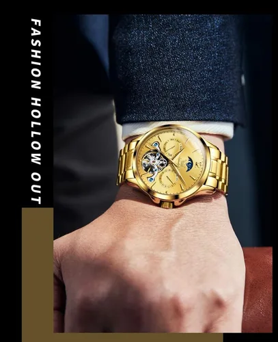 Vista 2 de OLEVS Watches Mens Automatic Self Winding Mechanical Gold Skeleton Fashion Luxury Dress Moon Phase Stainless Steel Tourbillon Mens Wrist Watch Day