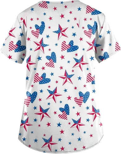 Vista 3 de Womens Work Scrub Tshirts Short Sleeve Tops Tee for Women Vneck USA Flag Print Summer Fall Shirts 2023