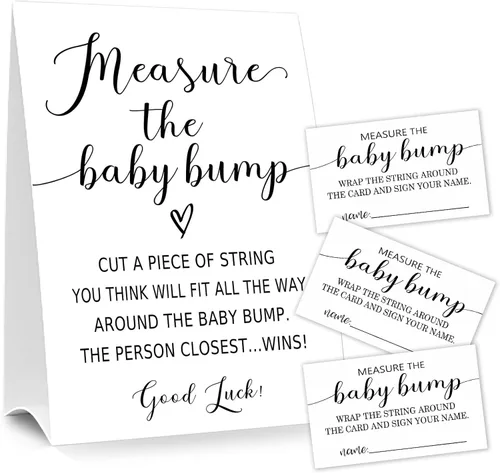 Vista 9 de Letrero de Baby Shower Games Measure the Baby Bump, How Big is Mommy's Belly Party Favors, cartel de pie Kraft de 5 x 7 pulgadas y 50 tarjetas