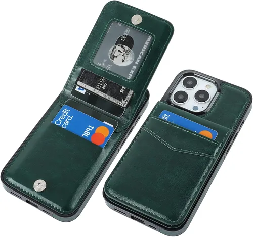 Vista 12 de KIHUWEY Funda tipo cartera para iPhone 13 Pro con soporte para tarjetas Negro