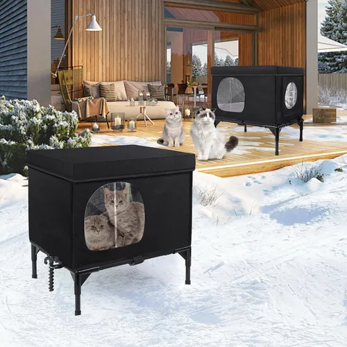 Vista 9 de Casa para gatos al aire libre, resistente a la intemperie, aislada, para gatos con cojín acogedor, refugio elevado para gatos al aire libre