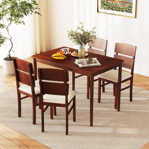 Vista 5 de Giantex Juego de mesa de comedor de 5 piezas para 4, mesa de comedor rectangular de granja con 4 sillas tapizadas, respaldo alto curvo, patas