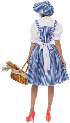 Vista 4 de FantastCostumes Disfraz clásico de Dorothy para mujer, disfraz de Halloween para cosplay, cuento de hadas de Kansas Girl, vestido a cuadros azul