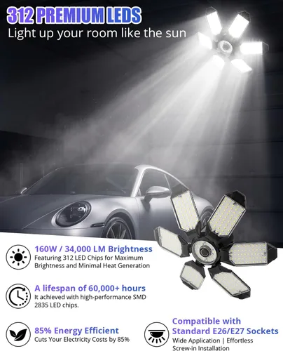 Vista 2 de Tudoccy Luces de garaje, paquete de 2 luces LED de techo de garaje de 34000 lúmenes, 6500 K, luz LED para tienda, 6 paneles ajustables, bombilla