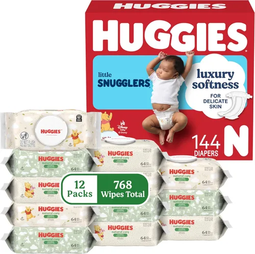 Vista 13 de Paquete de Little Snugglers: Pañales de bebé Huggies Little Snugglers, talla 1 (8-14 lbs), 198 unidades y toallitas para bebé Huggies Natural Care
