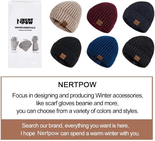 Vista 6 de Nertpow Beanie Hat for Men and Women, Winter Warm Fleece Lined Thermal Trendy Thick Knit Skull Cable Cuff Cap