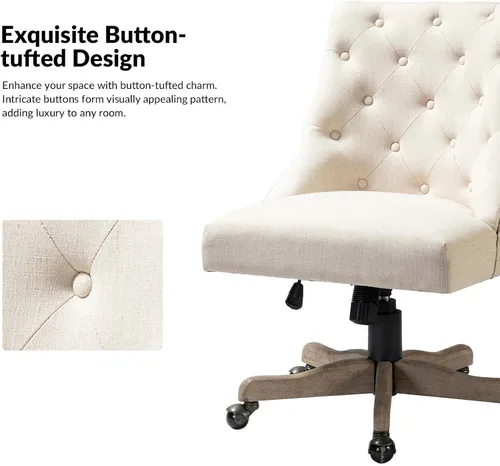 Vista 7 de Silla moderna de oficina en casa sin brazos, cómoda silla de escritorio tapizada con base de madera vintage, silla giratoria de altura ajustable