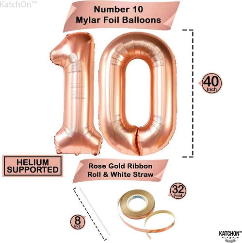 Vista 2 de KatchOn, Globo gigante de oro rosa del número 10 – 40 pulgadas Globo de oro rosa 10 con globos de confeti Decoraciones de 10 cumpleaños de oro