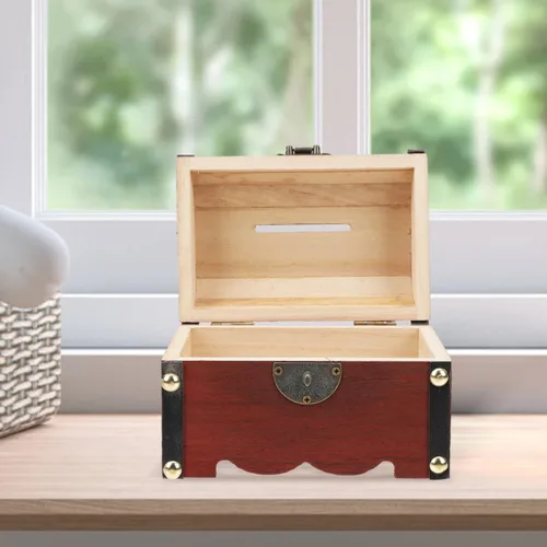 Vista 5 de Caja de almacenamiento de madera con cerradura de casillero, 1 unidad, caja de madera de ahorro, alcancía para niños, caja de alcancía para niños