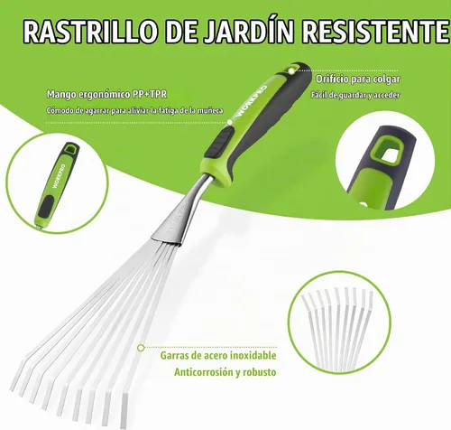 Vista 3 de WORKPRO Rastrillo de mano de 16", rastrillo de jardín de acero inoxidable resistente con mango suave, pequeña herramienta de mano de jardín