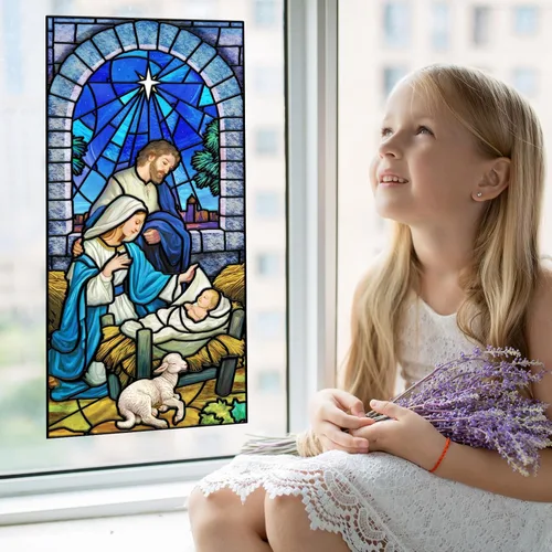 Vista 2 de Christimas Belén - Lámina vitral para ventana (5.5 x 11 pulgadas)