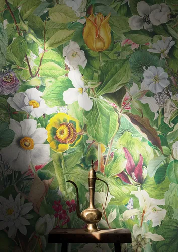 Vista 3 de Botanical Vegetation Garden Wall Mural. Color Pencil Artwork of Flower Garden Peel and Stick Wallpaper. Rainforest Jungle Botanical Flowers and