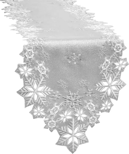 Vista 6 de Caminos de mesa bordados con copos de nieve para Navidad e invierno (plata, 14 x 34 pulgadas)