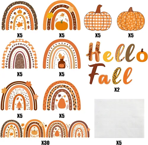Vista 2 de CY2SIDE Juego de 93 recortes de arcoíris bohemio con diseño de Hello Fall para tablón de anuncios, diseño de calabaza, bohemio, arcoíris, bordes