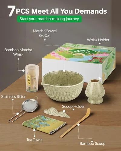 Vista 2 de Juego de batidor de matcha de 20 onzas, kit de 7 piezas de matcha que incluye cuenco matcha, batidor y soporte, cuchara de bambú, reposo, tamiz