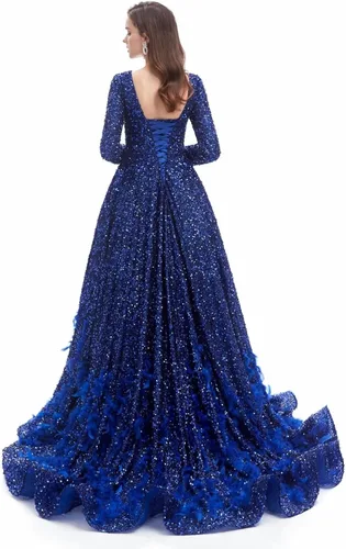 Vista 4 de Women's Sequin Long Sleeves Formal Evening Dress Luxurious Chapel Train Prom Party Gown Silver