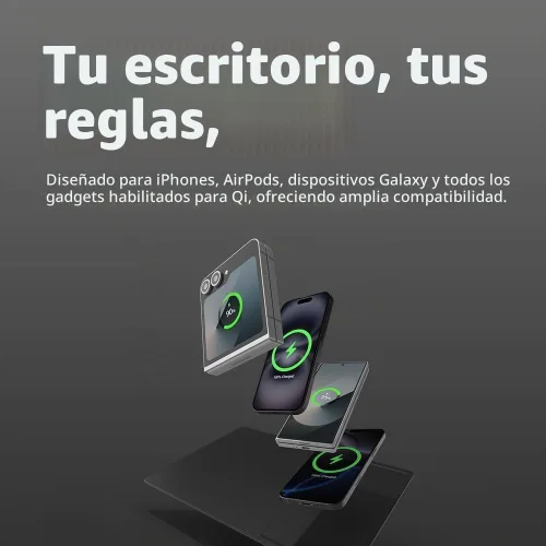 Vista 6 de POUT H3 PRO Dual Qi - Alfombrilla de mouse de carga inalámbrica dual para teléfonos inteligentes y auriculares, superficie lisa con base