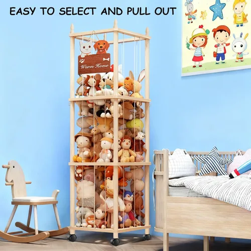 Vista 4 de Almacenamiento grande de animales de peluche con diseño de gato y perro, zoológico de animales de peluche de madera, soporte rodante para animales