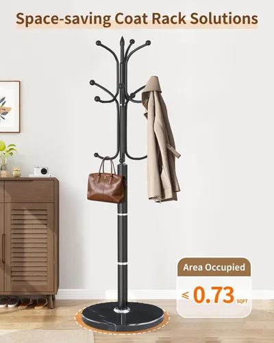 Vista 5 de Perchero moderno de metal independiente con base de mármol natural, perchero resistente con 12 ganchos, perchero negro para oficina, entrada, pasillo