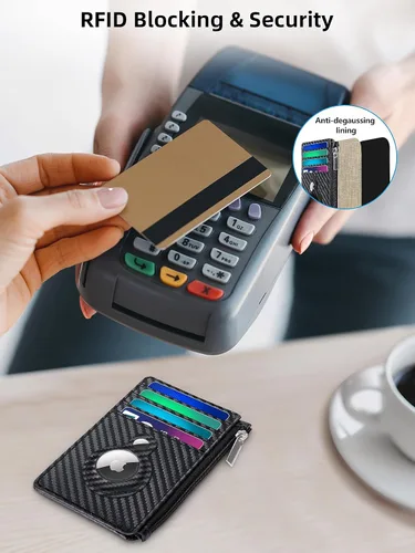 Vista 7 de Cartera delgada minimalista con bolsillo frontal, bloqueo RFID, tarjetero con ventana para identificación, 6 ranuras para tarjetas, cartera