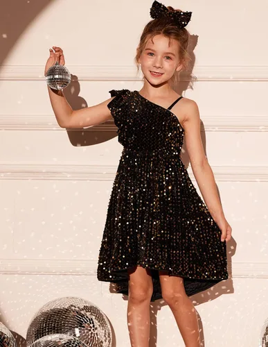 Vista 7 de GRACE KARIN Vestido de lentejuelas de un hombro para niñas, vestido de fiesta alto y bajo para 5-14 años