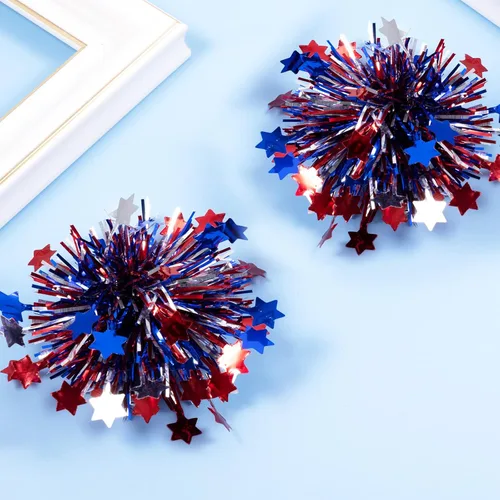 Vista 4 de Pinzas patrióticas para el 4 de julio para niñas y mujeres, con lazo metálico para animadora, con purpurina, rojo, blanco y azul, accesorios