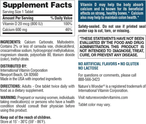 Vista 8 de Nature's Wonder Calcio 600 mg con vitamina D3 20 mcg para la salud ósea, 220 tabletas