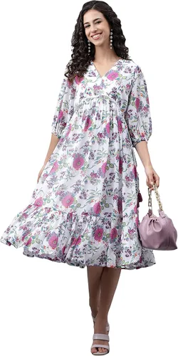 Vista 3 de Janasya Vestido acampanado con estampado digital Georgette blanco para mujer