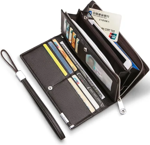 Vista 21 de Huztencor Billeteras largas para hombre de cuero RFID bloqueo billetera plegable con cremallera