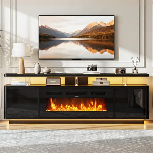 Vista 9 de oneinmil Soporte de TV con chimenea de 70 pulgadas para sala de estar, centro de entretenimiento con chimenea eléctrica con luces LED dobles