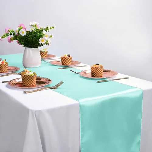 Vista 5 de Pack de 10 caminos de mesa de satén premium Aqua de 12 x 108 pulgadas de largo para bodas, caminos de mesa para decoraciones de fiestas