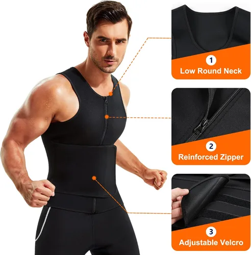 Vista 4 de Wonderience Traje de sauna de neopreno para hombre, chaleco de entrenamiento de cintura, con cremallera, moldeador de cuerpo con camiseta sin mangas