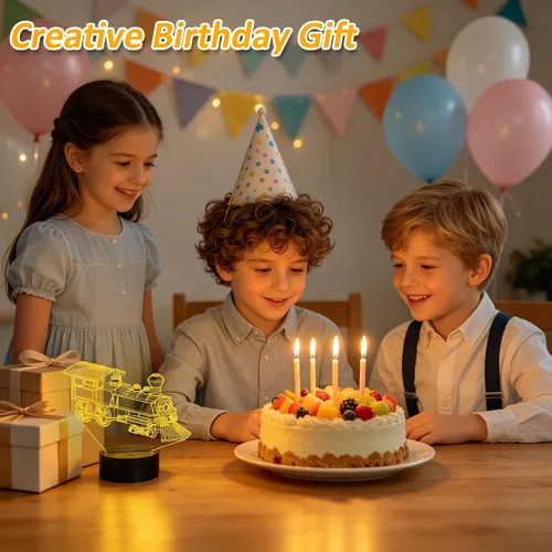 Vista 5 de FULLOSUN - Luz nocturna de tren, lámpara de ilusión 3D para niños, 16 colores que cambian con función de atenuación y control remoto, regalos