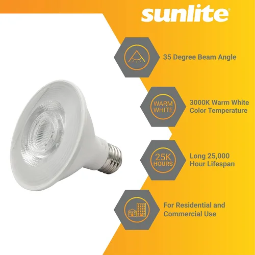 Vista 3 de Sunlite Bombilla LED PAR30 reflectora, 9 vatios (75 W = ), 750 lúmenes, base E26 media, 90 CRI, regulable, reflector, compatible con el título 20