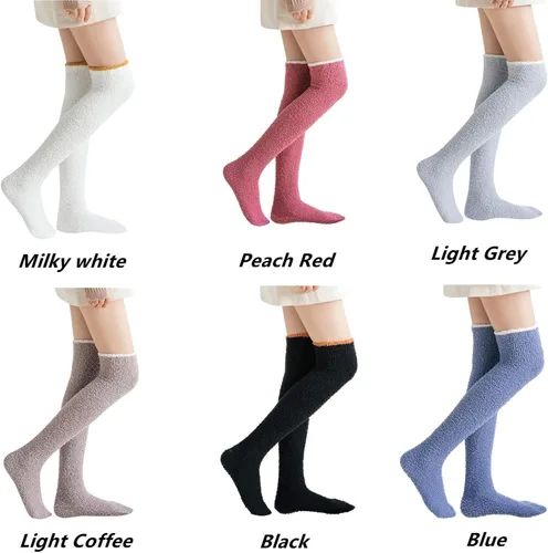 Vista 2 de Agbyise 1 par de calcetines gruesos y cálidos hasta la rodilla, calcetines altos a la rodilla, para mujeres y niñas, forro polar coral, casual
