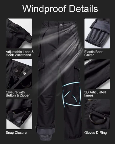 Vista 5 de CREATMO US Pantalones de nieve para hombre, baberos de esquí, impermeables, aislados, invierno, snowboard cargo