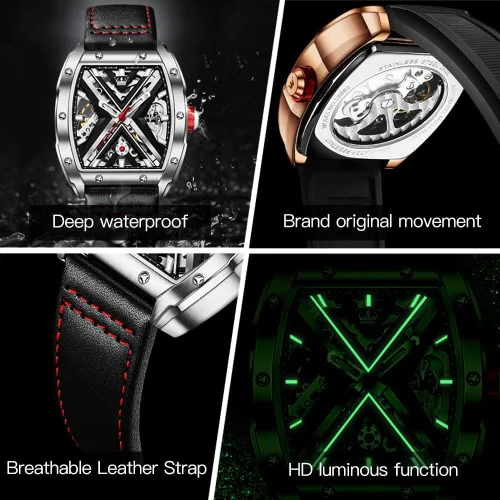 Vista 6 de OLEVS Reloj de esqueleto automático de cuero mecánico para hombre estilo steampunk a la moda impermeable luminoso regalos para novio