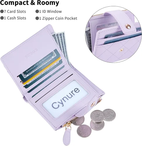 Vista 9 de Cartera de cuero para mujer, pequeña, compacta, plegable, con bolsillo para monedas con cremallera