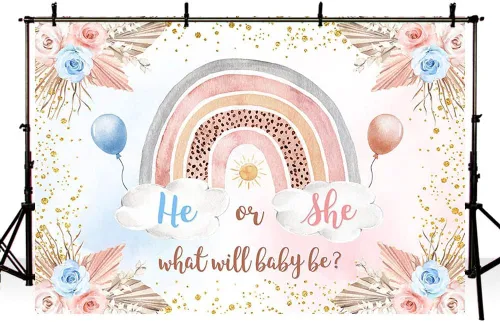 Vista 4 de Sendy Fondo bohemio de 7 x 5 pies para revelación de género, diseño de arco iris, decoración de fiesta de baby shower, anuncio de embarazo, pancarta