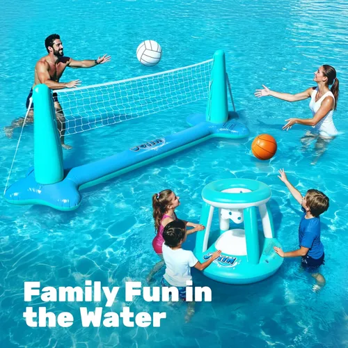 Vista 3 de JOYIN Juego de flotador inflable para piscina, red de voleibol y aros de baloncesto, juguete flotante de natación para niños y adultos, flotadores