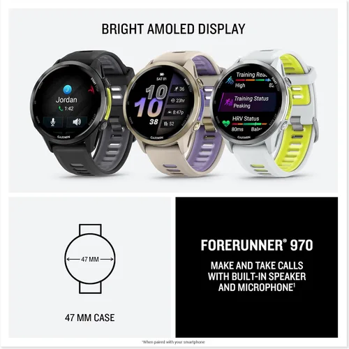 Vista 8 de Garmin® Forerunner® 970, Reloj inteligente premium para correr y triatlón con GPS, pantalla AMOLED, linterna LED incorporada, titanio DLC gris