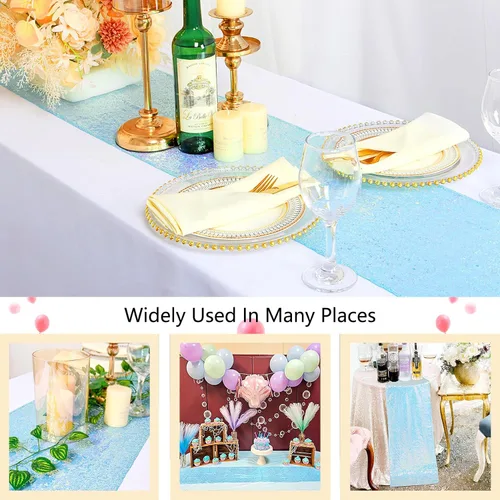 Vista 2 de ShiDianYi - Camino de mesa holográfico de lentejuelas de 12 x 72 pulgadas, azul iridiscente Fondo de boda con purpurina, decoración de fiesta