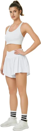 Vista 2 de Pantalones cortos deportivos para mujer, cintura alta, cruzado, 2 en 1, con bolsillo lateral, para entrenamiento, con diseño de mariposa