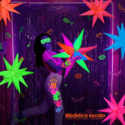 Vista 2 de Mega-L - Suministros de fiesta que brillan en la oscuridad, kit de 5 globos de estrella de neón - Explosión de lámina de neón y globos de cono de 12