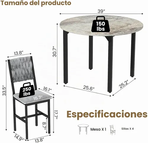 Vista 2 de AWQM Round Dining Table Set for 4, Velvet Chair, Kitchen Table Set, Grey